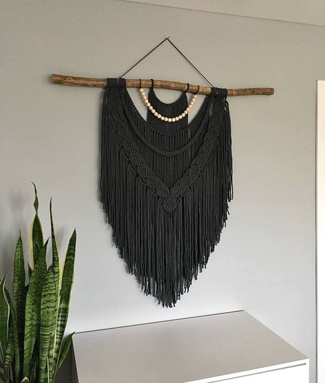 Manly Macrame Wall Hanging, Black Boho Decor Bedroom, Macrame Wall Hanging Black, Dark Macrame Wall Hanging, Boho Wall Hanging Decor, Black And White Macrame Wall Hanging, Black Bohemian Bedroom, Hanging Tapestry Ideas, Macrame Wall Decor Ideas