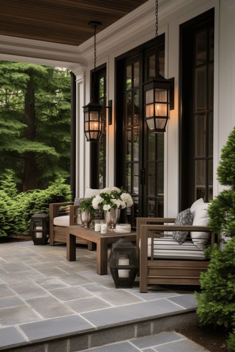 Front Porch With French Doors, Paver Patio Front Yard, Beautiful Porches Southern Living, Pretty Front Porch Ideas, Large Front Porch Furniture Ideas, Front Porch Lounge Ideas, Front Porch With Lanterns, Black Front Porch Ideas, Large Back Porch Ideas