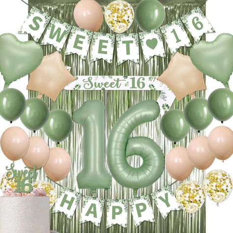 PRICES MAY VARY. 【Sweet 16th Birthday Decorations Set】The set includes a sage green “HAPPY SWEET 16” banner, a sage green “Sweet 16” sash, a sage green “Sweet 16” cake topper, a 40-inch sage green 16 number balloon, 5 x white gold confetti balloons, 14 x latex balloons(7 sage green,7 beige ), 2 x beige star balloons(18’’), 2 x sage green heart balloons(18’’) and a olive green fringe curtains, everything you need in one kit. 【Quality 16th Birthday Party Decorations】The 16th boys girls birthday ki Sweet 16 Sash, 21 Birthday Party Decorations, 18th Birthday Gifts For Girls, Sweet 16 Party Decorations, Green Balloons, 18th Birthday Decorations, 16th Birthday Decorations, Elegant Birthday Party, Sweet 16 Decorations