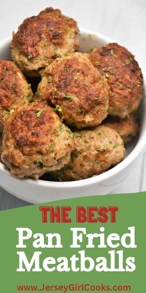 You really can't beat homemade pan fried meatballs made on the stove. This simple fried meatball recipe contains only a few simple yet fresh ingredients and the meatballs cook up tender and juicy in just a few minutes. These meatballs freeze beautifully for easy meal prep. It's so simple to double this recipe so you can eat meatballs tonight and freeze the extras for your favorite meals later on. Pan fried meatballs are comforting and delicious. Click to get this fried meatball recipe. #meatball Fried Meatballs Recipe, Italian Polpette Recipe, Pan Fried Meatballs Ground Beef, Fried Meatballs Ground Beef, Stove Top Turkey Meatballs, How To Cook Meatballs On The Stove, Pan Fried Meatballs, Fried Meatball Recipes, Meatballs On Stovetop