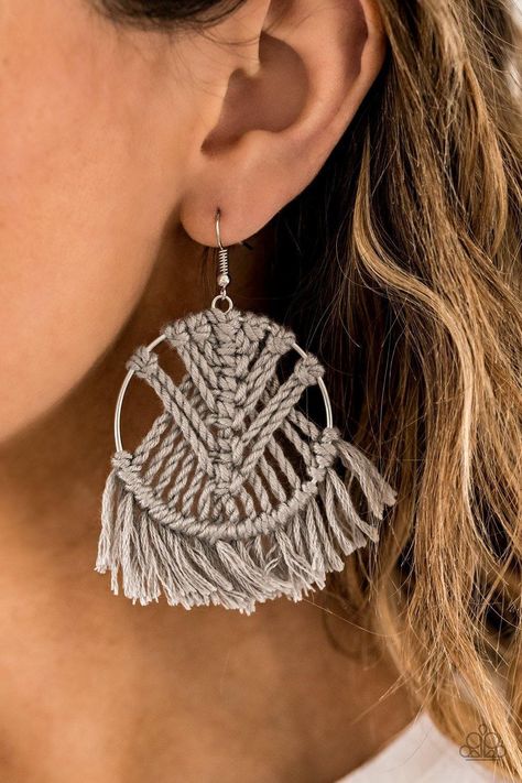 All About MACRAME - Silver Earrings - Paparazzi Accessories - Sassysblingandthings Paparazzi Accessories Jewelry, Fringe Earring, Crochet Earrings Pattern, Nickel Free Jewelry, Macrame Patterns Tutorials, Macrame Earrings, Earring Tutorial, Fish Hook Earrings, Paparazzi Accessories