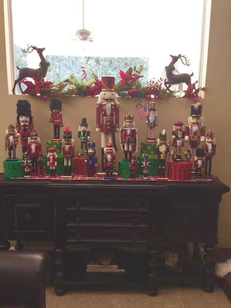 Nutcracker display Nutcracker Display Ideas Christmas, How To Display Nutcracker Collection, Nutcracker Centerpieces, Nutcracker Display Ideas, Nutcracker Display, Nutcracker Collection, Nut Crackers, Nutcracker Decor, Nutcracker Christmas Decorations