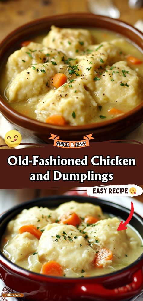 Warm up with a bowl of Old-Fashioned Chicken and Dumplings, a comforting dish that brings back memories of family dinners. This hearty meal features tender chicken and fluffy dumplings simmered in a rich, savory broth, providing a satisfying and nostalgic dining experience. #ComfortFood #ChickenDumplings #HeartyMeals Chicken And Dumplings For Two Easy, Chicken Stew Dumplings Recipe, Chicken Stew With Dumplings Recipe, Grandma Chicken And Dumplings, Old Fashion Dumplings, Ninja Foodi Chicken And Dumplings, Best Homemade Chicken And Dumplings, Fluffy Chicken And Dumplings, Old People Food Ideas