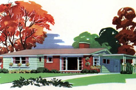 How to remodel without spoiling your home's 1950s style - Click Americana 1950s Home Exterior, Modern Farmhouse Ranch Exterior, Aesthetic House Exterior, 50s House, 50s Home, 50s Aesthetic, 1950s Home, 1950s House, Suburban House