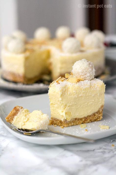 Instant Pot Raffaello Cheesecake #cheesecake #instantpot #raffaello #whitechocolate #cheesecakerecipe | Instant Pot Eats Raffaello Cheesecake, Instant Pot Cheesecake, Savory Cakes, Almond Flavor, Chocolate Coconut, Savoury Cake, Inspired Recipes, Cake Tins, Almond Recipes