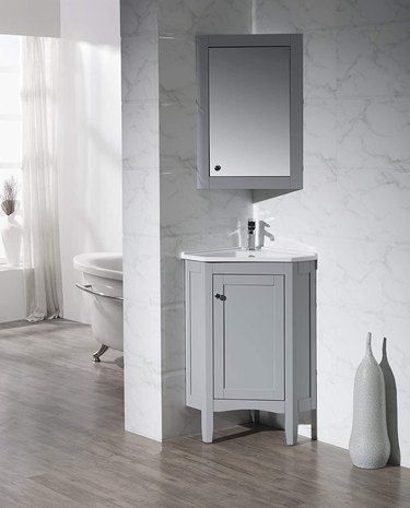 Bathroom Vanity With Medicine Cabinet, Vanity With Medicine Cabinet, Corner Bathroom Cabinet, Bathroom Corner Cabinet, Corner Bathroom Vanity, Corner Sink Bathroom, Corner Bathroom, Corner Vanity, Bath Powder