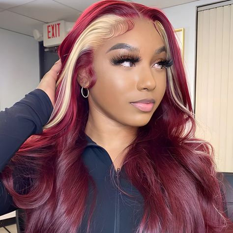 Christmas Wigs Black Women, Blonde And Red Lace Front Wig, Red Hair Unique, Hair Styles Teens, Red And Burgundy Hair, Red Wig Styles, Cherry Red Wig, Maroon Wig, Long Bright Red Hair