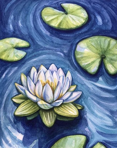 Watercolor Painting Refrences, Easy Lily Pad Painting, Lily Pads Drawing, Lily Pads Painting, Lily Pad Painting, Lily Pad Drawing, Lotus Flower Blue, Water Lily Drawing, Gold Fish Painting