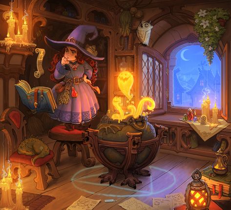 Magical Workshop Concept Art, Witch Lair Concept Art, Witch House Interior, Witch Hut, Witch Room, Witch Characters, Witch Cottage, 동화 삽화, Anime Witch