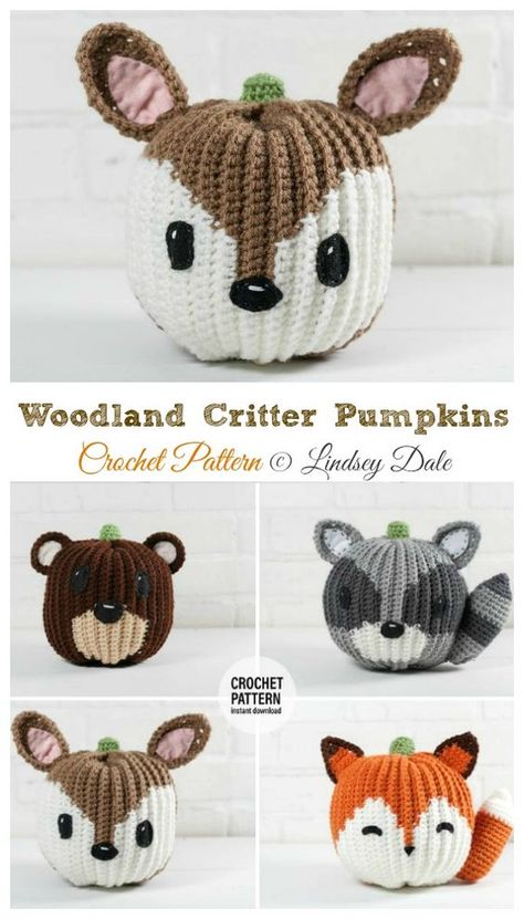 Deer Pumpkin, Raccoon Pumpkin, Fox Pumpkin, Crochet Forest, Bear Pumpkin, Crocheted Pumpkins, Crochet Fall Decor, Crochet Autumn, Pumpkin Crochet