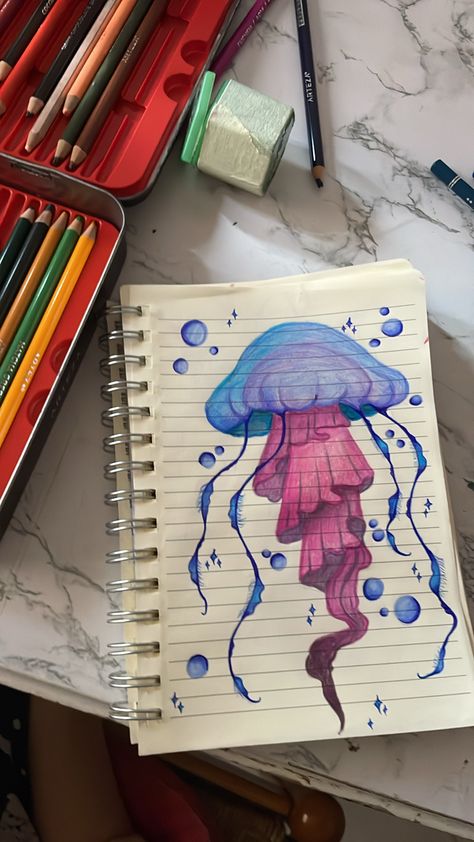 Jelly Fish Drawing Sketches, Jellyfish Drawing, Korean Words Learning, Beautiful Sea Creatures, Fish Drawings, Jelly Fish, Korean Words, Coloring Markers, Beautiful Sea