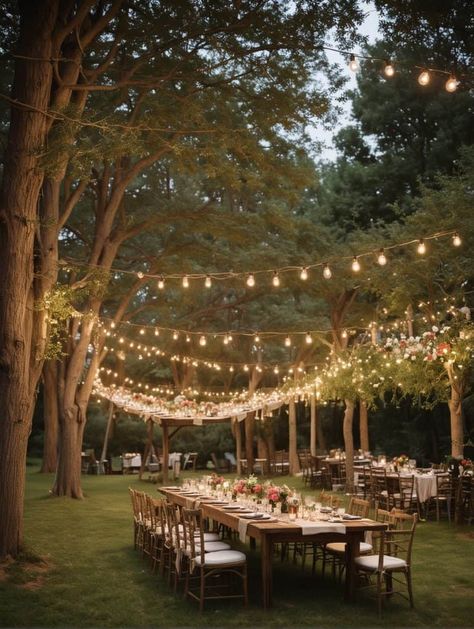 39 Enchanting Backyard Wedding Ideas for Your Perfect Day - Peak Patio Life Wedding Venues Backyard, Elopement Ideas Backyard, Forest Backyard Wedding, Small Cabin Wedding Ideas, Bistro Lights Backyard Wedding, Backyard Wedding Renewal Ideas, Rustic Backyard Reception, Wedding Aesthetic Summer, Wedding Inspo Backyard