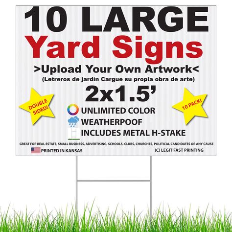 PRICES MAY VARY. Draw attention with these beautiful double sided signs. Bright and bold colors, long lasting outdoor weatherproof inks. Large 18x24 inch face. Printed on premium 4mm thick rigid coroplast. Upload your own artwork and promote your business with these premium signs. Each sign includes a 10x24" metal H-stake. The stakes simply slide into the ground and also into the rigid flutes of the sign. Half the price of our competitors. Our feedback speaks for itself. We create high quality s Large Yard, Corrugated Plastic, Yard Sign, Outdoor Signs, Yard Signs, Sign Printing, Promote Your Business, Bold Colors, Print On Demand