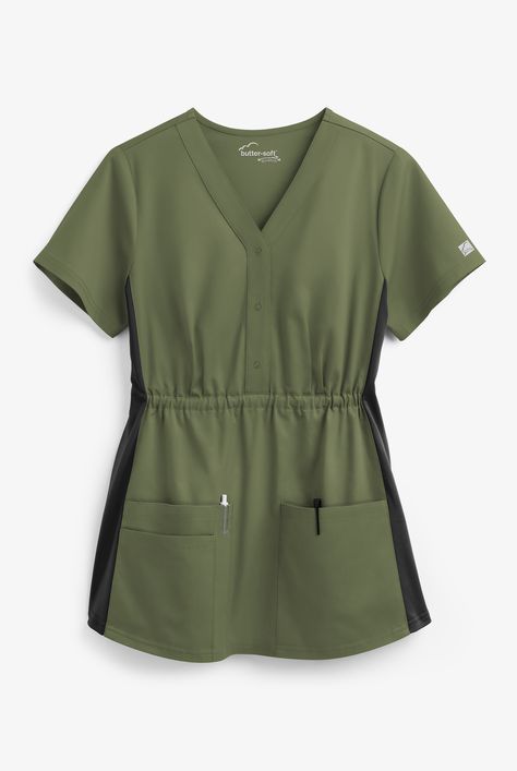 Made for mothers-to-be, our maternity scrub top has the same buttery-soft feel as the rest of our collection with plenty of room to grow! Empire waist and shirring make for the best fit throughout your pregnancy. Each piece in our Butter-soft Stretch scrub collection was designed for 12+ hour shifts, and made from easy-care, 2-way stretch comfort fabric. • Modern fit • V-neck • 3-snap placket closure • Empire waist • Total of 4 pockets • 2 front pockets • 1 small iems pocket • 1 pen pocket • Sho Scrub Tops Pattern, Maternity Scrub Top, Nursing Jackets, Nurse Outfit Scrubs, Medical Scrubs Fashion, Scrub Collection, Scrubs Pattern, Scrubs Shirt, Maternity Scrubs