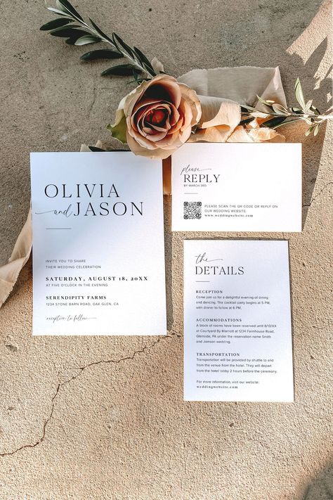 Elevate your wedding planning with this sleek minimalist invitation set. Featuring a modern design and a convenient QR code for RSVPs, this set effortlessly blends elegance and practicality.  Say goodbye to traditional paper hassles – your digital template is instantly downloadable and ready to personalize using Templett's intuitive online app. 
.#WeddingInvitations #DIYWedding #WeddingStationery #WeddingInspiration #WeddingPlanning Modern Wedding Invite, Wedding Ceremony Invitations, Free Wedding Invitation Templates, Minimal Wedding Invitation, Free Wedding Invitations, Minimalist Wedding Invitation, Modern Minimalist Wedding, Minimalist Wedding Invitations, Photo Wedding Invitations