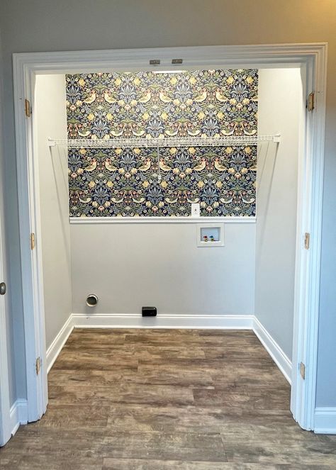 Laundry Closet Sliding Doors, No Door Laundry Closet, Cover Laundry Area, Small Laundry Room Door Ideas Closet, Laundry Closet With Wallpaper, Laundry Closet Curtain Doors, Basement Laundry Closet, Doors For Washer And Dryer Area, Renter Friendly Laundry Closet