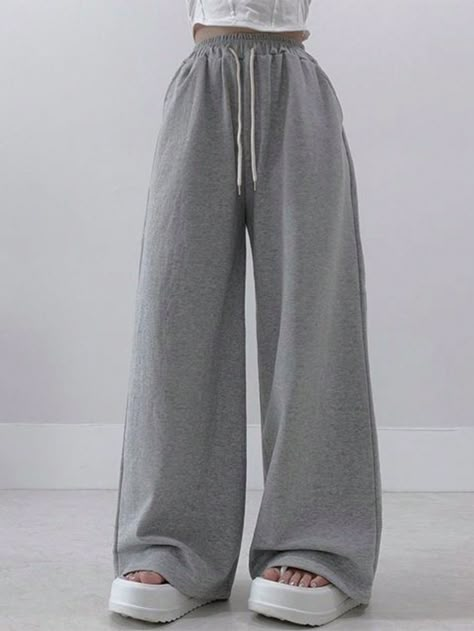 Women's Casual Street Style Wide Leg Pant With Elastic Waistband Light Grey    Knitted Fabric Plain Wide Leg Slight Stretch All Women Clothing, size features are:Bust: ,Length: ,Sleeve Length: Pants Gris, Casual Tomboy Outfits, Styling Wide Leg Pants, Tomboy Stil, Loose Pants Outfit, Adrette Outfits, Beautiful Casual Dresses, Downtown Outfits, Clothes Korean Style