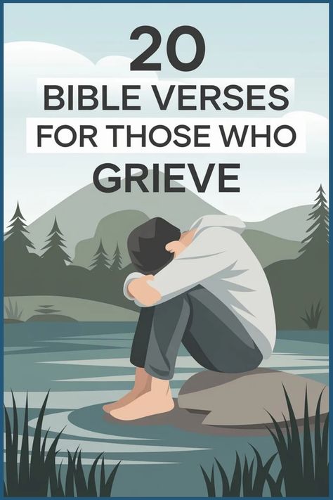 Person sitting on a rock by a lake, embracing their knees, with mountains in the background, and text "20 Bible Verses for Those Who Grieve". Bible Verses About Loss, Verses For Healing, Comfort Verses, Peace Bible Verse, Comforting Scripture, Bible Verse List, Healing Bible Verses, Healing Verses, Encouraging Verses