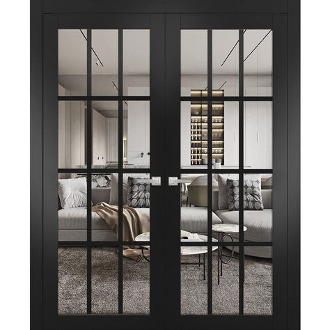 Arrives by Wed, Jul 19 Buy Solid French Double Doors | Felicia 3355 Matte Black with Clear Glass | Wood Solid Panel Frame Trims | Closet Bedroom Sturdy Doors at Walmart.com French Pocket Doors, Transitional Interior Doors, Double Pocket Doors, Pocket Door Frame, French Double Doors, Wood French Doors, European Doors, House Updates, Style Français