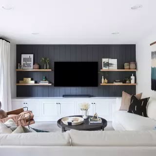 Tv Wall Unit Living Room Built Ins, Basement Tv Stand, Long Tv Wall Ideas Living Room, Long Narrow Basement Ideas, Tv Built In Wall Unit, Narrow Living, Tv Wall Decor Ideas, Tv Area, Built In Shelves Living Room