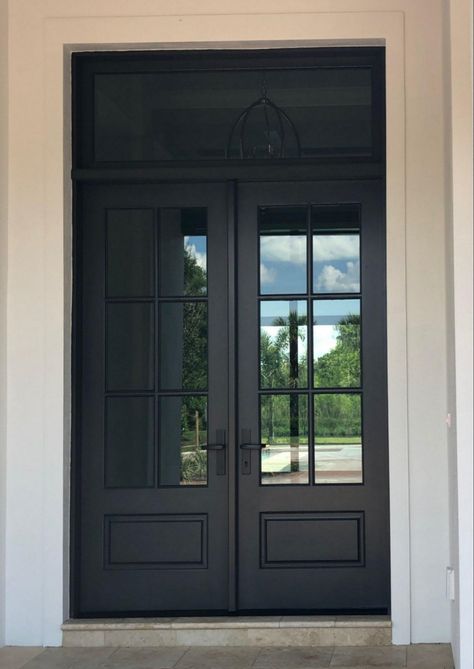 Solid Doors Entrance, Exterior Door With Transom Window, Half Glass Double Front Door, Dark Stain Front Door, Front Door With Transom Above, Koto Cabin, Double Door With Transom, Black Double Doors, Aesthetic Entryway