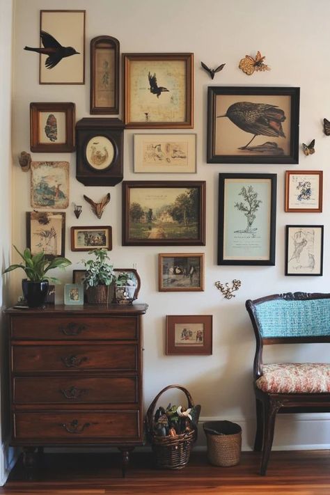 "Curate a Vintage-Inspired DIY Gallery Wall! 🖼️✨ Mix and match frames and artwork for a timeless, eclectic look. Perfect for adding character and charm to your home! 🏡🌟 #GalleryWall #VintageDecor #DIYProjects" Diy Gallery Wall Frames, Vintage Gallery Wall Around Tv, Random Picture Frames On The Wall, Earthy Eclectic Interior Design, Things To Put In Picture Frames, Vintage Frame Photo Wall, Mixed Frame Photo Wall, Mirror And Art Gallery Wall, Vintage Frames Gallery Wall