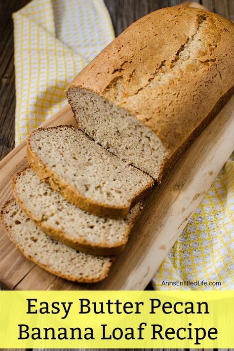 Easy Butter Pecan Banana Loaf Recipe. This simple cake mix based sweet bread recipe comes together quickly. Make this delicious, easy butter pecan loaf recipe tonight for dessert, or to have for breakfast tomorrow. Your whole family will love it! Banana Loaf Recipe, Pecan Loaf, Pecan Bread Recipe, Banana Cake Mix, Cake Mix Banana Bread, Sweet Bread Recipe, Egg Brunch Recipes, Banana Pecan Bread, Recipes Using Cake Mix