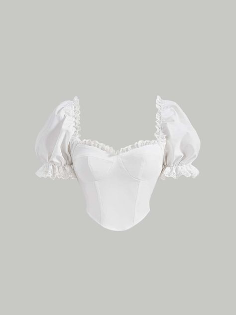 Free Returns ✓ Free Shipping On Orders $49+ ✓. SHEIN MOD Lace Frill Trim Puff Sleeve Bustier Crop Blouse- Women Blouses at SHEIN. White Clothes Aesthetic, White Puffy Sleeve Top, White Puff Sleeve Top, Fashion Collection Inspiration, Cute White Tops, White Lace Crop Top, Clothes Korean Style, White Clothing, Shein Outfits