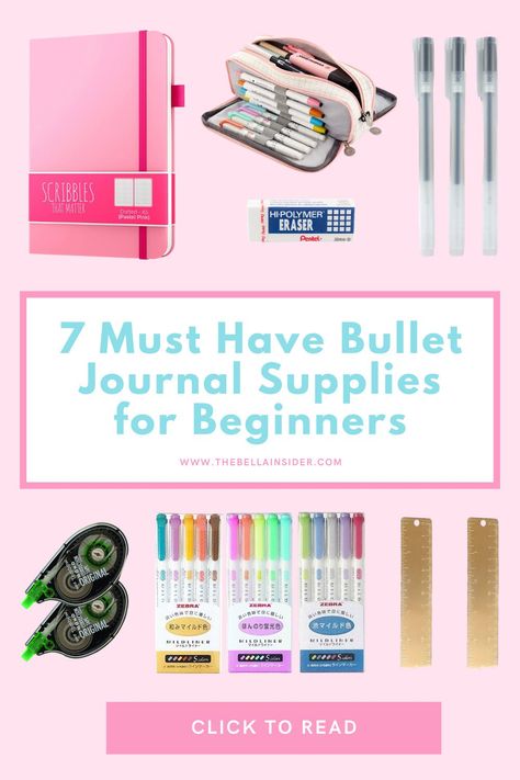 Bullet journal spreads can't begin without great supplies! Check out The Bella Insider's list of must have bullet journal supplies - perfect for beginners and bullet journal pros. #bulletjournal #bellabullet Journal Materials List, Best Bullet Journal Supplies, Bullet Journal Supplies List, Notebook Ideas Pages, Journaling Must Haves, Bullet Journal Must Haves, Kawaii School Supplies Stationery, Bullet Journal Beginner, Cute Stationery School Supplies