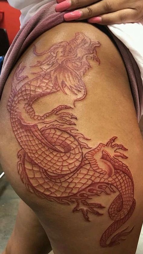 Red Dragon Tattoo On Thigh, Red Thigh Tattoos Women, Dragon Tattoo On Thigh, Tattoos For Women On Thigh, Dragon Thigh Tattoo, Girl Thigh Tattoos, Red Dragon Tattoo, 16 Tattoo, Hip Thigh Tattoos