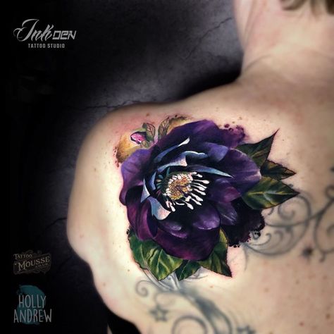 Tattoo Cover Up Floral, Large Back Tattoo Cover Up Ideas For Women, Tattoo Flower Cover Up, Night Shade Flower Tattoo, Dark Purple Flower Tattoo, Large Flower Tattoos For Women, Colorful Cover Up Tattoos, Dark Flower Tattoo Cover Up, Chest Tattoo Cover Up Female