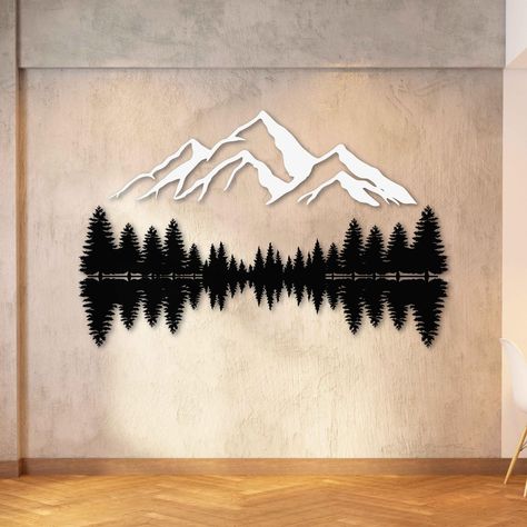 PRICES MAY VARY. UNIQUE and STYLISH: Bring the beauty of the great nature inside with this stunning metal mountain wall art decor. Add a touch of rustic charm to your home. HIGH-QUALITY CONSTRUCTION: Made from durable metal that's built to last, made from 1.5 mm mild steel and this wall art will stand the test of time. EASY to HANG: With built-in hooks this piece comes ready to hang and enjoy. VERSATILE DESIGN: Whether you're decorating a living room, bedroom or office, this metal mountain wall Plasma Cut Metal Wall Art, Large Wall Decor Ideas, Laser Cut Wall Art, Mountain And Forest, Patio Wall Decor, Metal Decorations, Wanderlust Decor, Mountain Wall Decor, Lake Houses