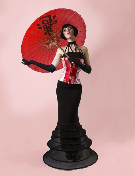 geisha. Reminded me of the outfit you had for your 18th especially the hoops at the hem. Gothic Geisha, Geisha Photography, Modern Geisha, Umbrella Fashion, Chinese Umbrella, Cherry Blossom Girl, Lizzie Hearts, Fashion Illustration Collage, Modern Kimono