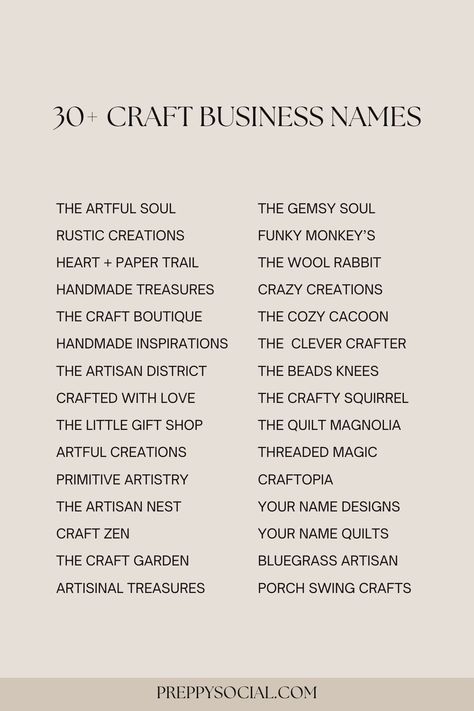 Looking for craft business names? Check out these 35 incredibly creative craft business names. Printing Name Ideas, Hamper Business Names, Crochet Account Name Ideas, Pretty Business Names, Junk Case Business Names, Business Idea Names, Names For Craft Business, Cute Business Names For Crafts, Creative Names For Business