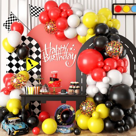 PRICES MAY VARY. ✨【102 Pcs Race Car Balloon Garland kit】This yellow red and black balloon garland kit comes with 109 pcs balloons: matt red balloons(1x18in, 4x12in, 10x10in, 10x5in), matt black balloons(1x18in, 4x12in, 10x10in, 10x5in), matt yellow balloons(4x12in, 10x10in, 10x5in), matt white balloons(4x12in, 10x10in, 10x5in), red yellow and black confetti balloons(4x12in), along with a balloon strip and 2 pcs of balloon dispensing. ✨ 【Premium Materials】Our red and yellow balloons are crafted f Cars Theme Birthday Party Decorations, Yellow Balloon Arch, Balloons White, Red Confetti, Balloons Arch, Car Themed Parties, Race Car Birthday Party, Birthday Bar, Car Theme