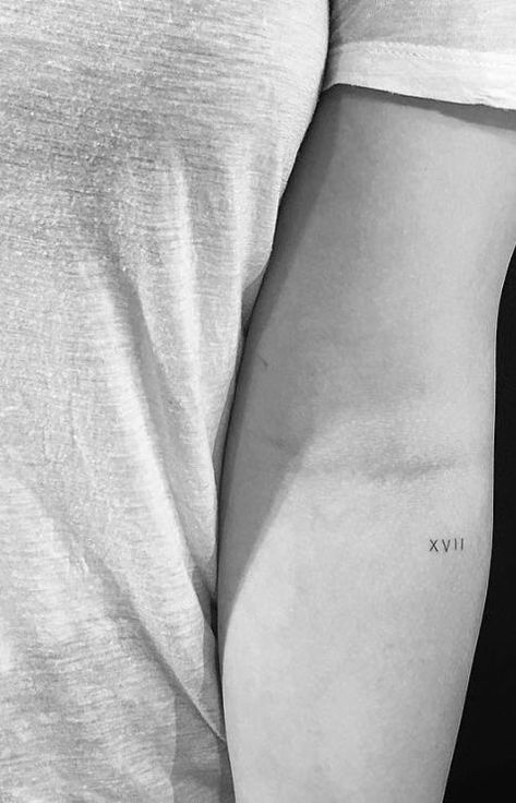 Micro Roman Numeral Tattoo, Womens Mini Tattoo, Minimalistic Number Tattoo, 27 Roman Numeral Tattoo, Roman Numeral 6 Tattoo, Small Anniversary Tattoo Ideas, Micro Number Tattoo, Single Number Tattoo, Minimalist Number Tattoo