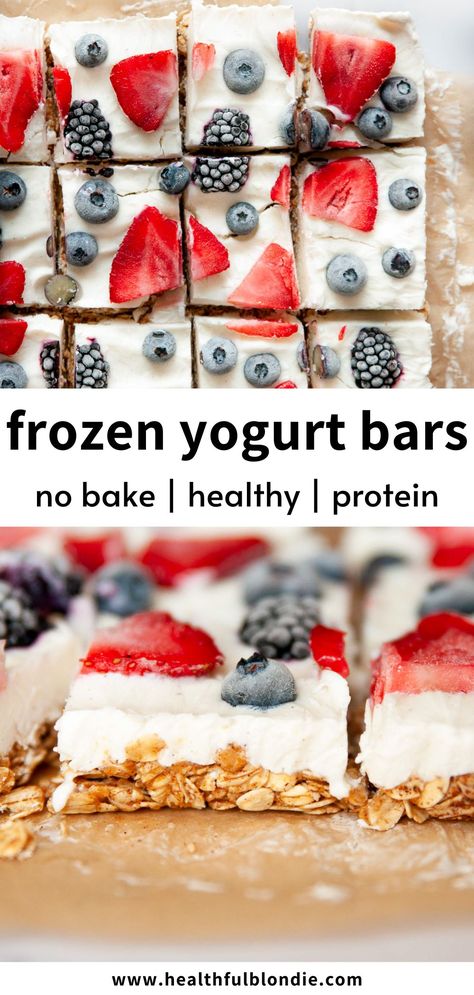 High Protein Frozen Yogurt Bark, Raspberry Yogurt Bars, Fruit Yogurt Bites, Wic Recipes Ideas Healthy, Homemade Snack Bars Healthy, Yogurt Freezer Bites, Yogurt Cereal Bars, Fruit And Yogurt Bar, Frozen Yougart Bars