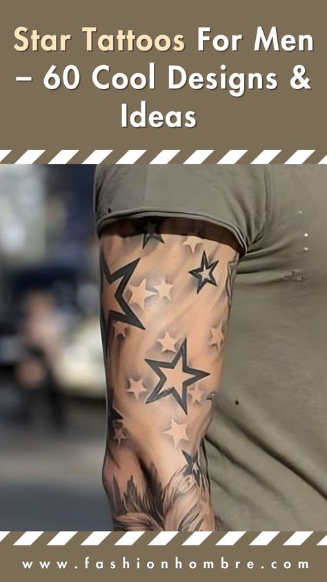 Star Tattoos For Men - 60 Cool Designs and Ideas with Meaning -  #Cool #Designs #Ideas #Meaning #Men #Star #Tattoos Check more at https://ifoundaideas.com/tattoo/star-tattoos-for-men-60-cool-designs-and-ideas-with-meaning/ Star Sleeve Tattoo Men, Tattoo Stars Men, Sign Tattoo Symbols, Star Tattoo Men, Star Tattoo Sleeve, Stars Tattoo For Men, Time Tattoo Design, Elbow Star Tattoo, Stars Tattoo Designs