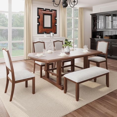 PRICES MAY VARY. 【6-Piece Dining Room Set】: This beautiful 6-piece versatile dining room set includes a classic rectangular dining table, 4 upholstered chairs, and a bench that exudes classic charm and adds beauty to any home. 【Bold Classic Design】: Traditional double pedestal dining table with elegant curved sides and curved upholstered chair backs. Create an elegant gathering space in your dining room with this 6-piece extendable dining table set. 【Multifunctional】: This extendable dining tabl Extendable Dining Table Set, Bench Dining, Double Pedestal Dining Table, Kitchen Table Set, Dining Table 4, Curved Chair, Studio Kitchen, Kitchen Table Settings, Dining Room Set