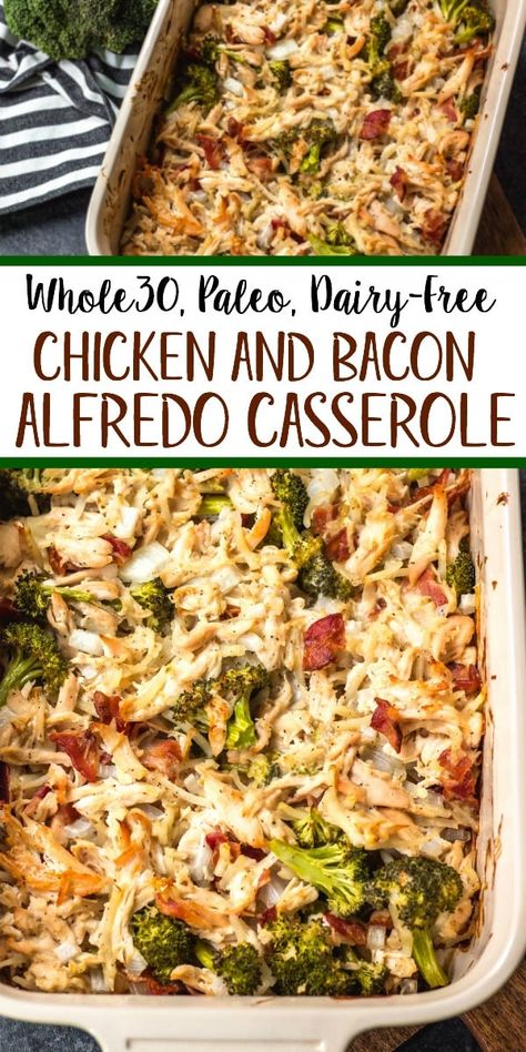 This creamy chicken and bacon alfredo casserole is loaded with veggies from the hash browns and broccoli, and it's paleo, Whole30 compliant, dairy free and gluten free. With only 7 ingredients, it really couldn't be easier to make for a quick weeknight meal or for a simple meal prep recipe. #whole30casserole #whole30chickenrecipes #whole30chickencasserole #paleocasserole #paleochickenrecipes #dairyfreecasserole Creamy Chicken And Bacon, Whole 30 Chicken Recipes, Paleo Casserole, Bacon Alfredo, Chicken Bacon Alfredo, Alfredo Casserole, Simple Meal Prep, Dairy Free Recipes Dinner, Chicken And Bacon