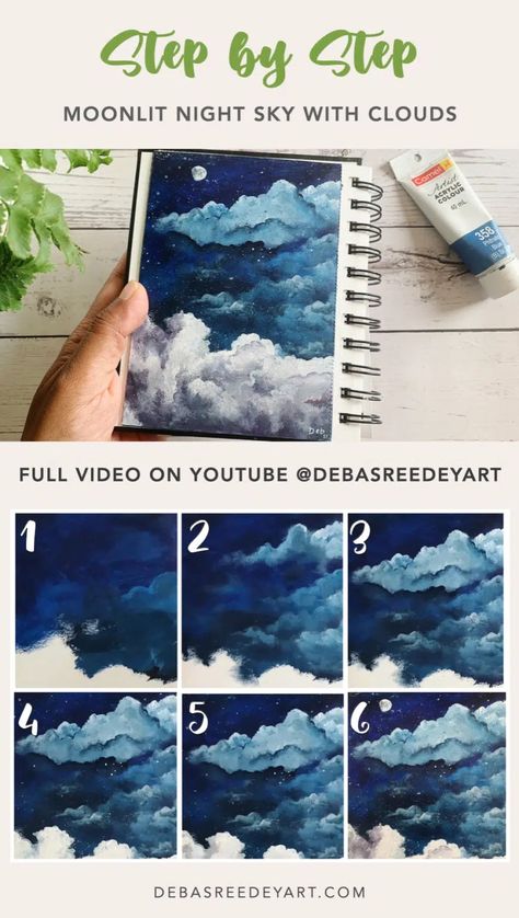 Moonlit night sky with clouds - acrylic painting in Sketchbook - Debasree Dey Art Night Clouds Painting, Painting In Sketchbook, Night Sky With Clouds, Night Clouds, Sky With Clouds, Flower Drawing Tutorials, Moonlit Night, Acrylic Painting Tutorials, Cloud Painting