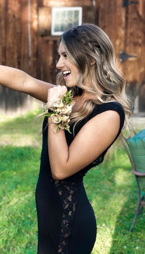 Simple Braid Prom Hair, Hoco Hairstyles Down Simple, Hoco Hair Down With Braid, Curled Prom Hair With Braid, Braid On One Side Of Head With Curls, Curled Hair Down With Braid, Easy Prom Hairstyles Down, Down Prom Hairstyles For Medium Hair, Easy Prom Hairstyles To Do Yourself Down