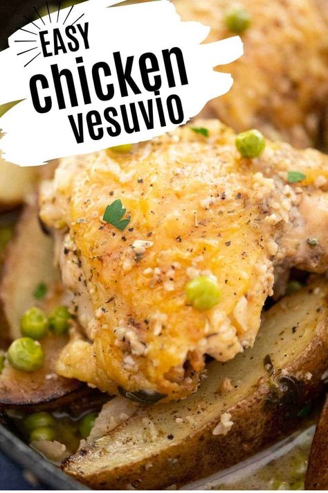 This easy Chicken Vesuvio recipe is an at-home take on the famous Chicago Italian restaurant classic. This delicious dish features tender bone in chicken thighs, potato wedges, peas, and a flavorful lemon herb white wine sauce. Chicken Sorrentino Valerie Bertinelli, Chicken Thigh Italian Recipe, Vesuvio Potatoes, Chicken Thighs Potatoes, Chicken Vesuvio Recipe, Chicken Vesuvio, Restaurant Classic, Restaurant Recipes Famous, British Foods