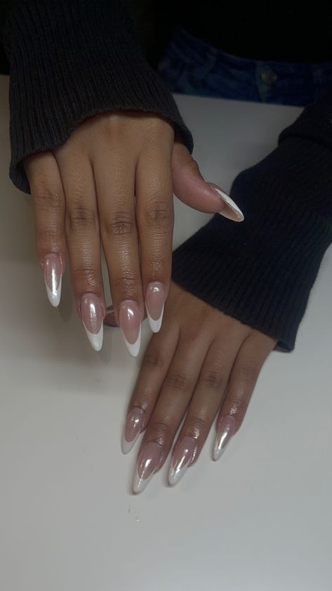 Long French Nails, Wife Nails, Nails Images, White Chrome Nails, White French Nails, Pink Tip Nails, Almond Nails French, Long Almond Nails, Chrome Nails Designs