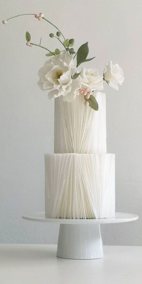 Modern Cake Stand Wedding, Striped Wedding Cake, Kek Kahwin, Wedding Cake With Flowers, Contemporary Wedding Cakes, Monochromatic Wedding, Cake With Flowers, Pretty Wedding Cakes, Wafer Paper Cake