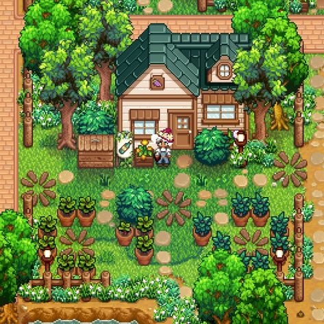 Stardew Flower Farm, Stardew Valley Riverland Farm Layout Cute, Stardew Valley Garden Layout, Stardew Valley Farm Setup, Cozy Stardew Valley, Garden Stardew Valley, Stardew Town Decor, Stardew Valley Foraging Farm Layout, Stardew Valley Furniture Catalog