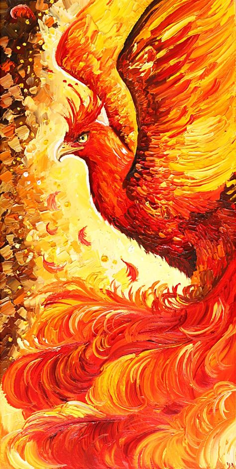 Original oil painting on stretched canvas 100% handmade with a phoenix fire bird. The phoenix is a mythical bird with orange–red, golden or fiery plumage, which in most myths and legends has the ability to die in fire and be reborn from the ashes. The phoenix symbolizes immortality and the beginning of a new life. The painting is painted with thick, bold, textural strokes. Bright, juicy, textured painting. #phoenix #phoenixart #phoenixpainting #phoenixoilpainting #phoenixartwork #oilpainting Phoenix Bird Painting, Phoenix Canvas Painting, Phoenix Oil Painting, Phoenix Paintings, Phoenix Painting Acrylic, Golden Art Painting, Phoenix Fire Bird, Phoenix Painting, Painting Fire