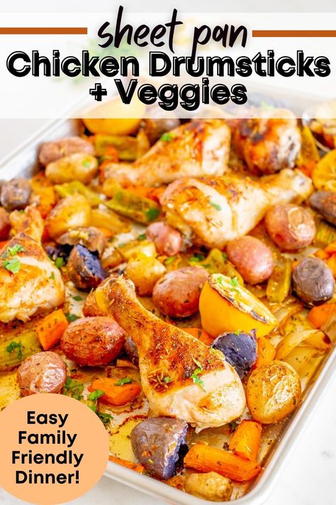 A sheet pan with cooked chicken drumsticks and vegetables, with a text overlay with the name of the recipe. Baked Chicken Legs And Vegetables, Sheet Pan Chicken Potatoes And Carrots, Chicken Drumstick One Pan Meal, Roast Chicken Drumsticks Oven, Chicken Drumsticks Sheet Pan Dinner, Roasted Drumsticks And Veggies, Drumstick Meals Dinners, Sheet Pan Drumsticks And Veggies, Chicken Legs And Veggies In The Oven