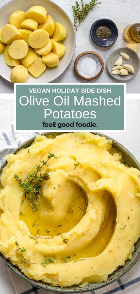 If you are looking for a tasty and vegan side dish, look no further than these delicious olive oil mashed potatoes. These homemade potatoes are so easy and quick to make and can be made ahead of time too, perfect if you are planning to serve them for Thanksgiving or the holidays. Vegetarian Mashed Potatoes, No Butter Mashed Potatoes, Olive Oil Potatoes, Vegan Mash Potatoes, Mashed Potatoes Without Butter, Creamy Vegan Mashed Potatoes, Mashed Potatoes Recipe Vegan, Mashed Potatoes No Butter, Healthy Mashed Potatoes Recipe