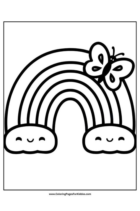 A cute rainbow with smiling clouds is accompanied by a butterfly. Easy Coloring Pages For Kids, Coloring Pages For Preschoolers, Engage Kids, Coloring Sheets For Kids, Printable Pictures, Cute Rainbow, Easy Coloring Pages, Coloring Pages For Girls, Magical World